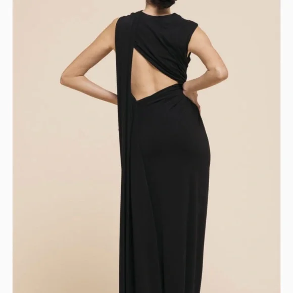 chinese dress ladies One-Sleeve Draped Maxi Dress in Black